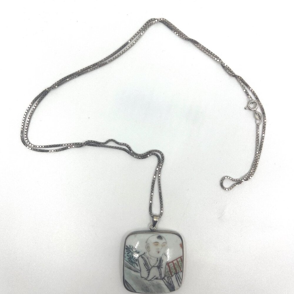 29" 925 Sterling Silver Chain Necklace w Antique Chinese Porcelain Pendant